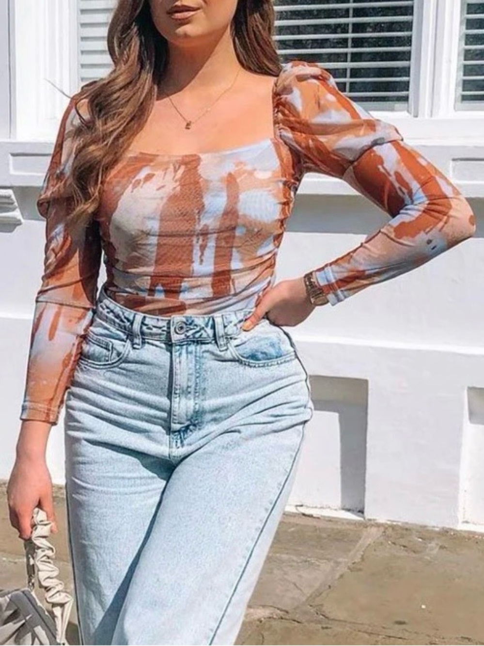 NASTY GAL Rust & Light Blue Sheer Draped Bodysuit with Puff Sleeves